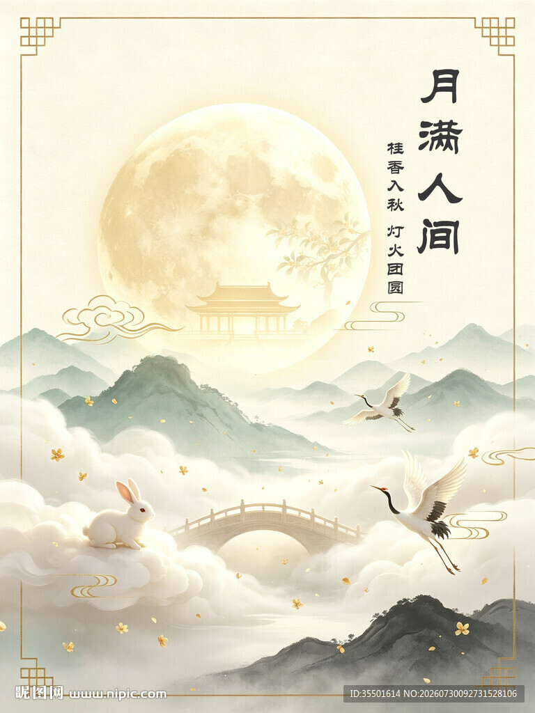 中秋月夜山川间飞鸟诗意景