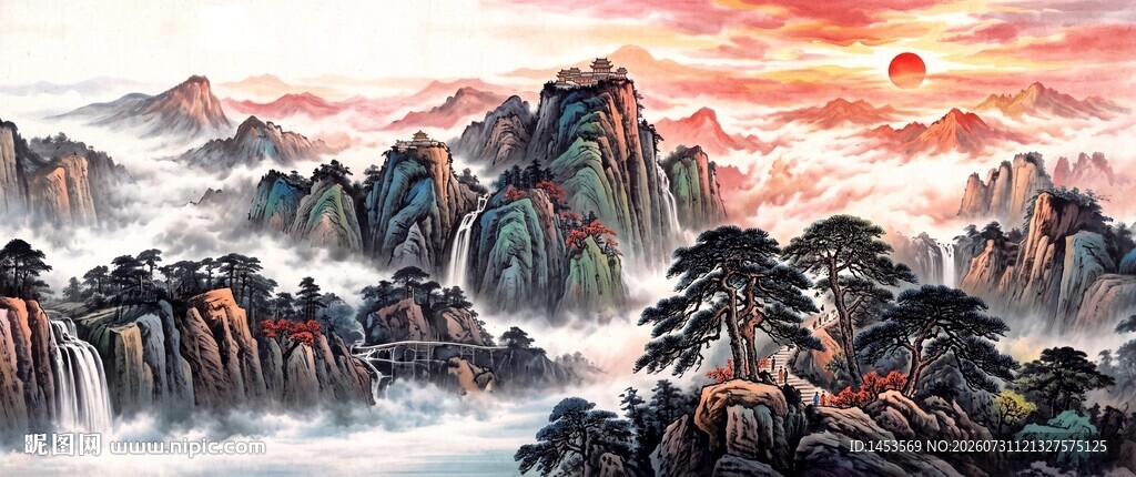 国画山水泰山日出