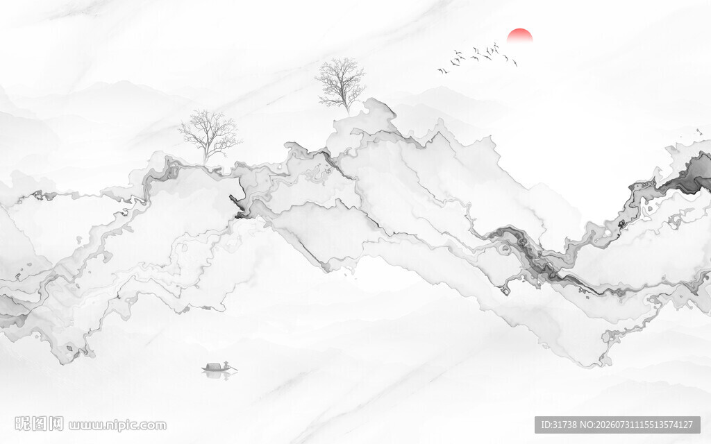 新中式抽象水墨线条烟雾山水画