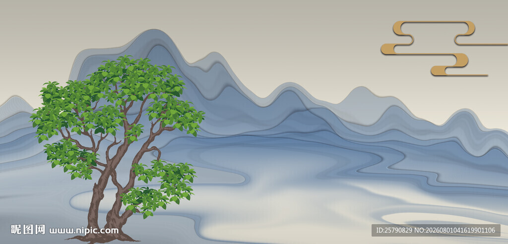 水墨山水间的小树