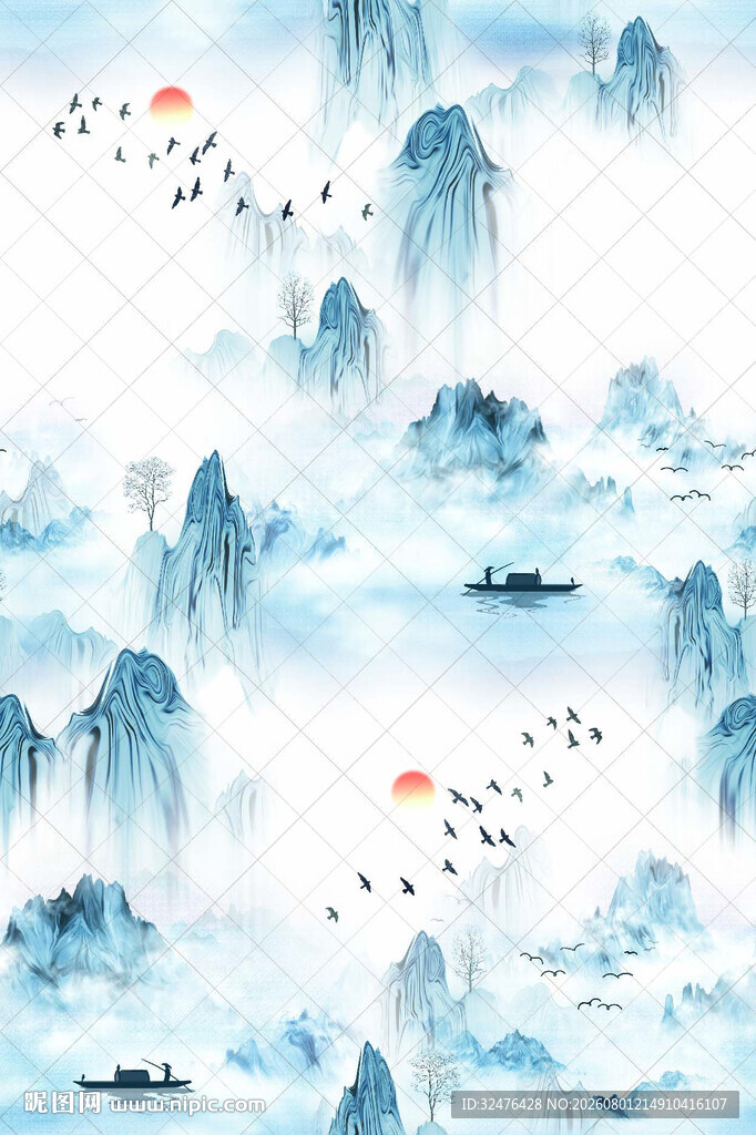 水墨山水间飞鸟悠然图景