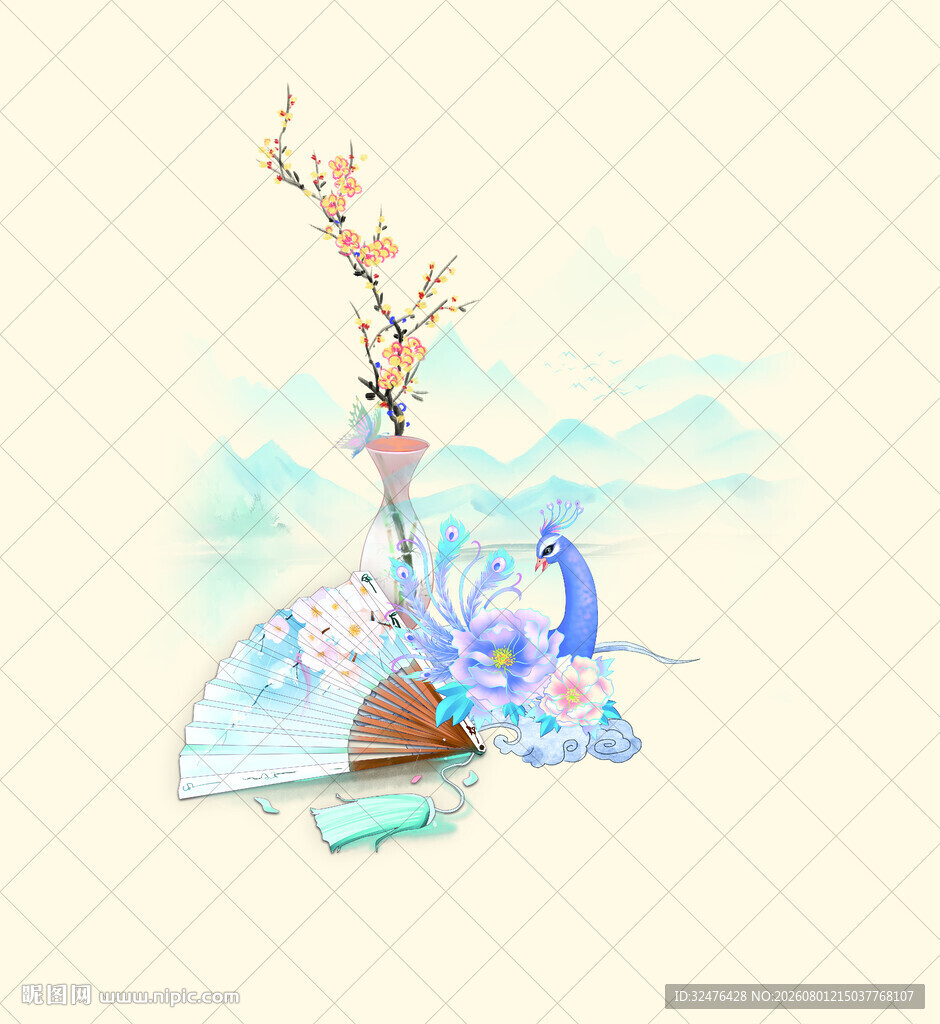 古风折扇插花艺术画面