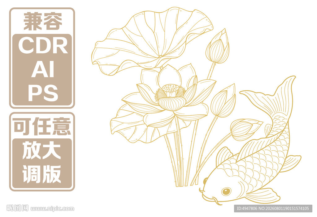 金色荷花锦鲤 矢量图素材