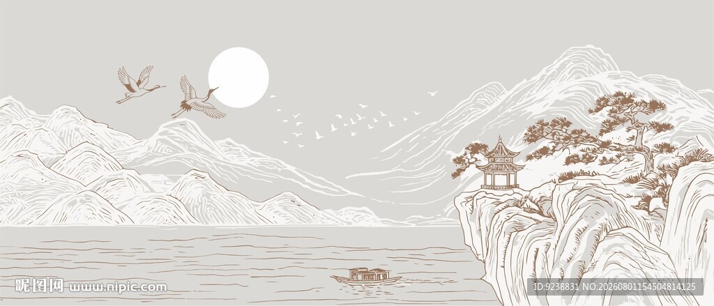 国潮山水背景插画