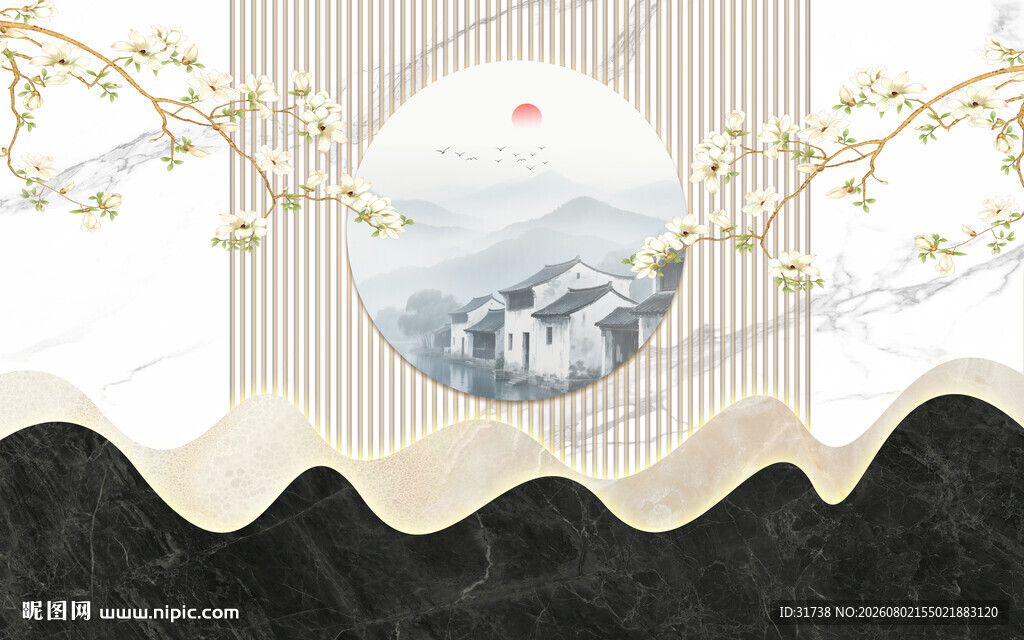 中式意境格栅山水花鸟装饰画