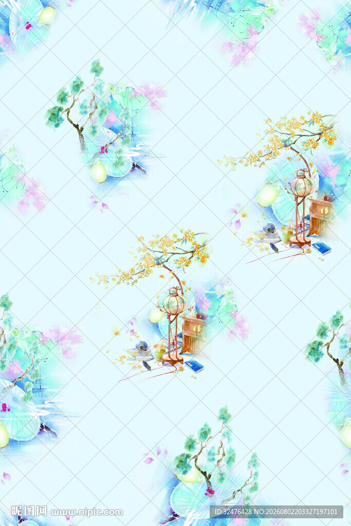 梦幻水彩风动物花卉图案