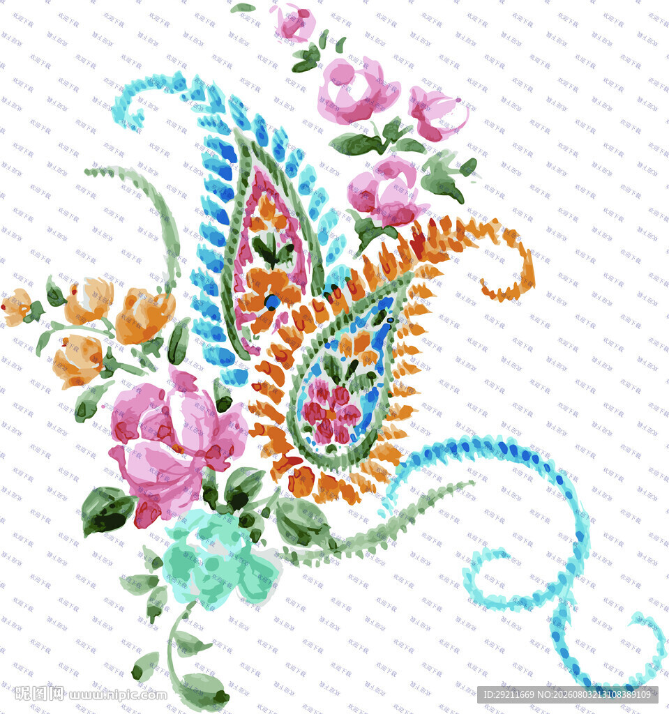彩色花卉孔雀刺绣图案