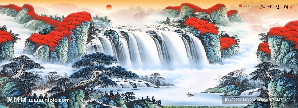 壮丽山水瀑布国画景观