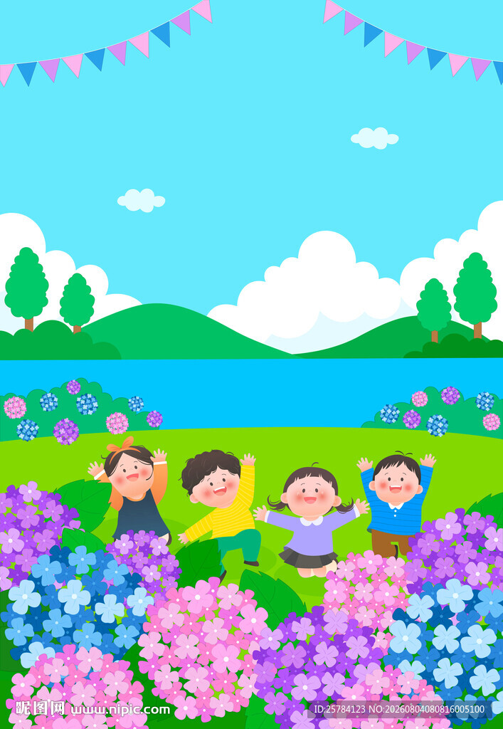 绣球花从孩子户外玩耍露营插画