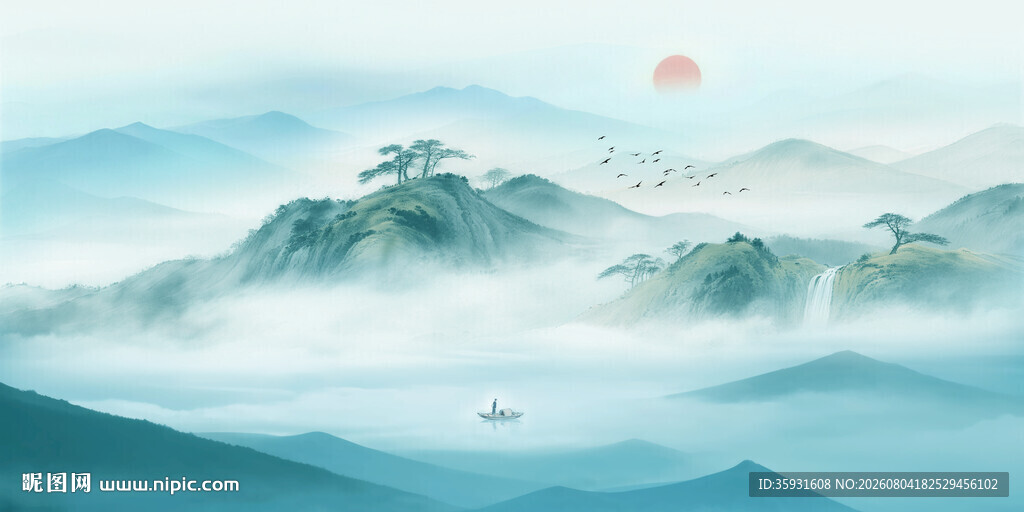 中式古风水墨山水意境图
