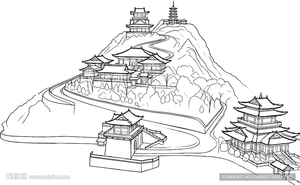 金台山中式山水古建筑线描图