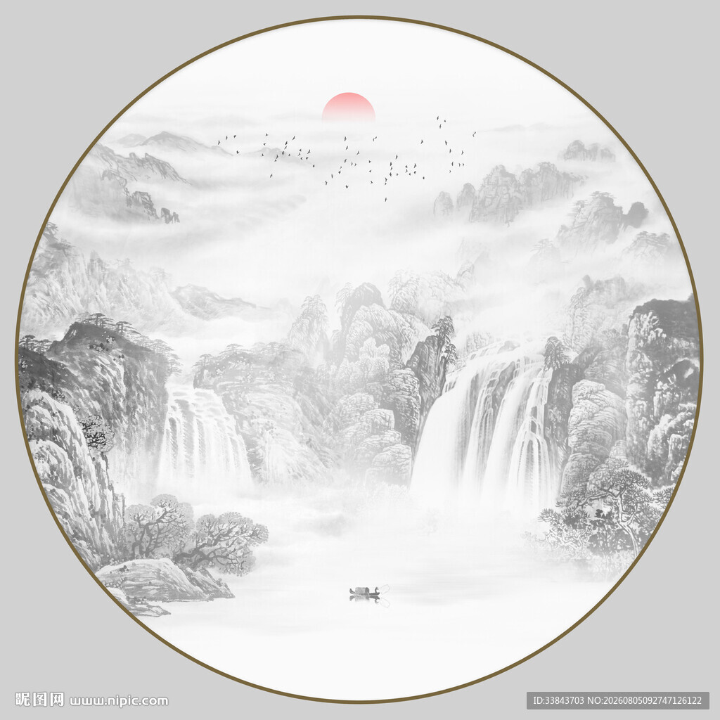 圆形水墨山水画