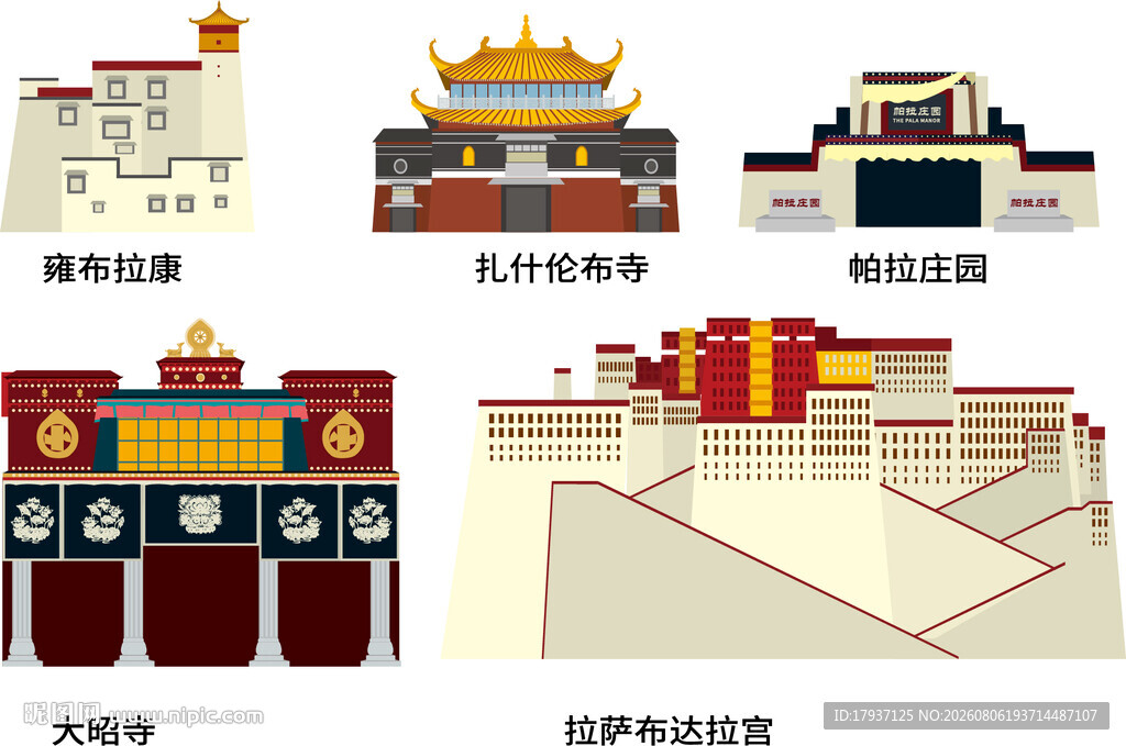 拉萨城市建筑剪影地标插画