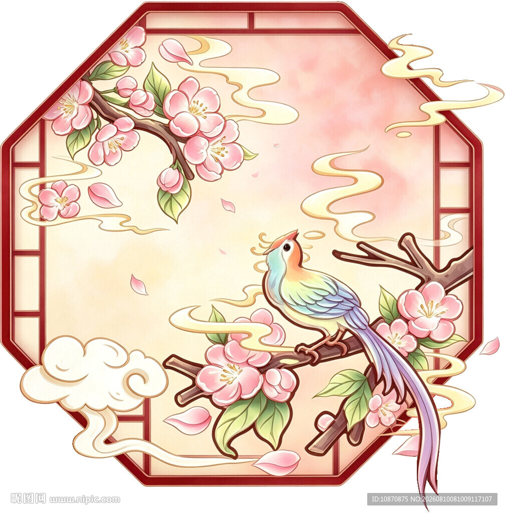 中式花鸟八角窗唯美插画