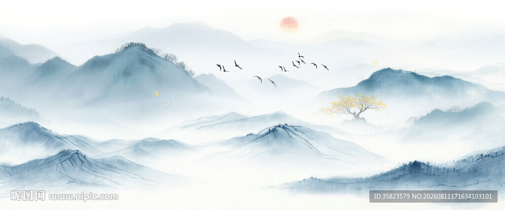 蓝色水墨山水画