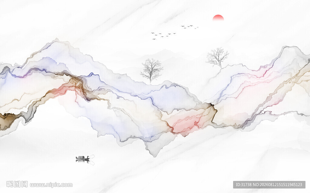 新中式抽象水墨线条烟雾山水画