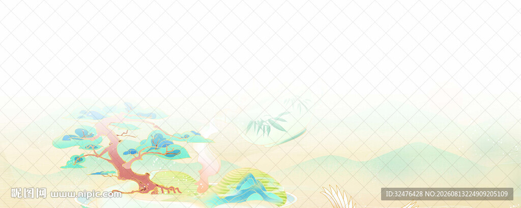 梦幻国风山水飞鸟插画