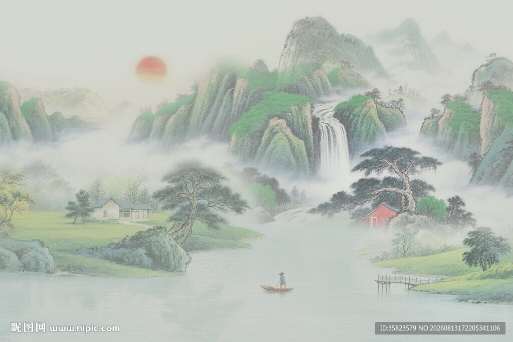 新中式国画山水电视背景墙
