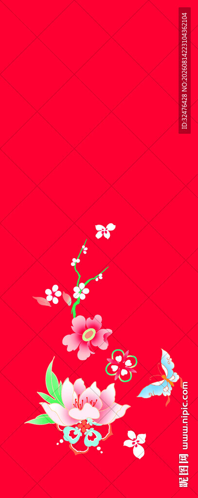 红色背景上的花卉飞鸟汉服
