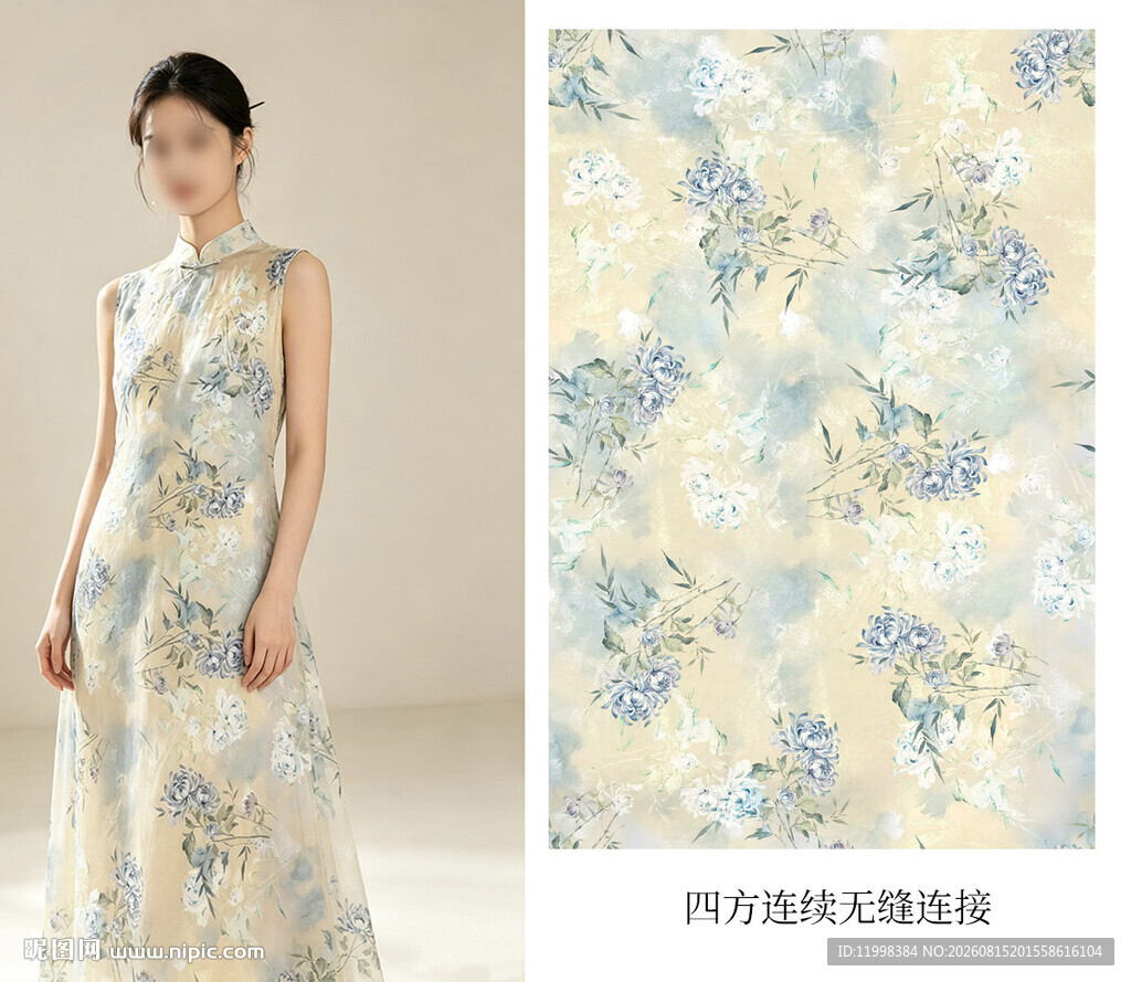 中式花卉图案旗袍展示