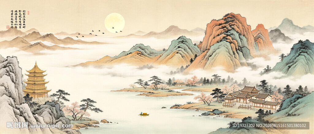 高端宋式美学山水画背景墙