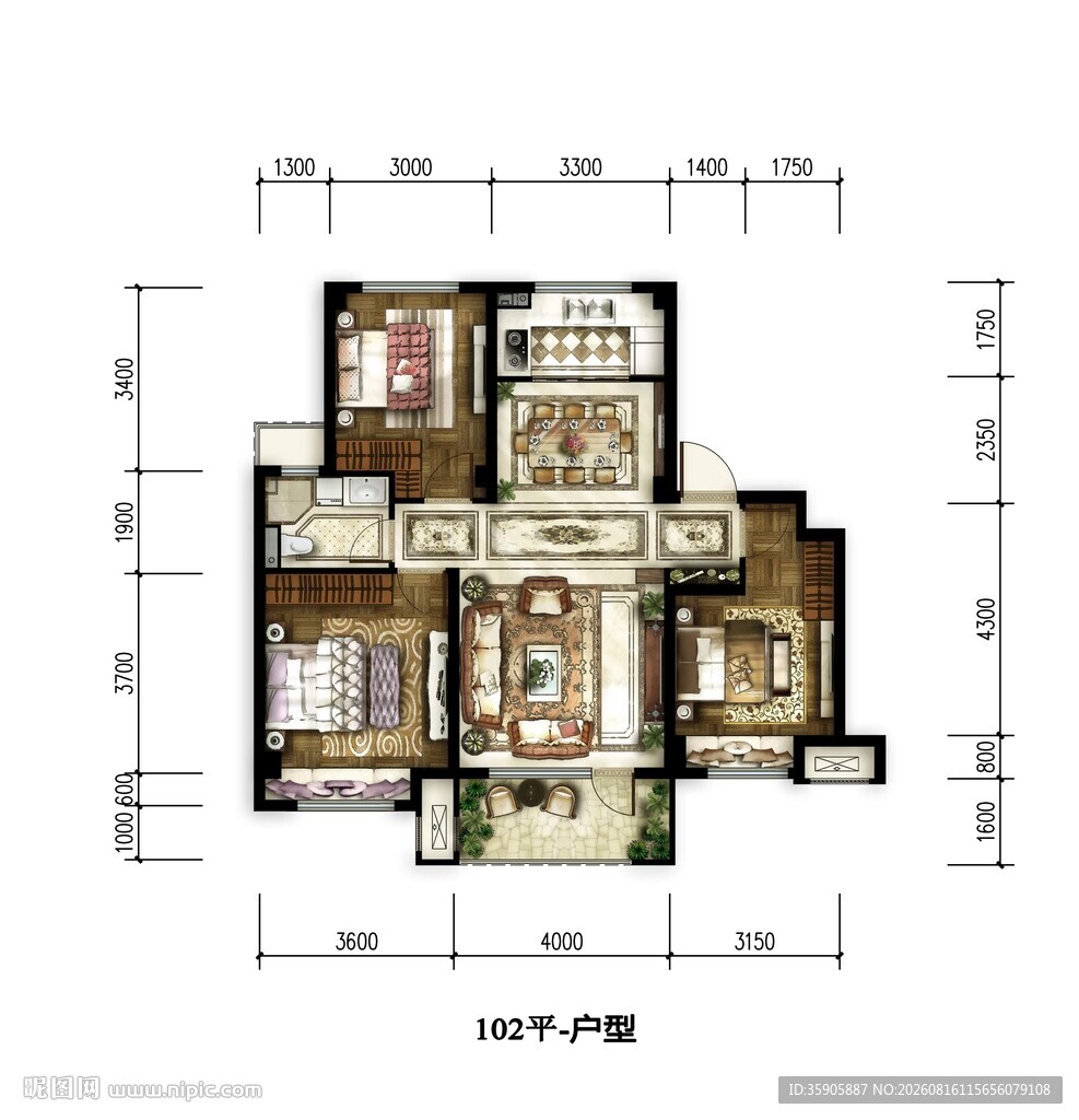 三室两厅户型平面图展示