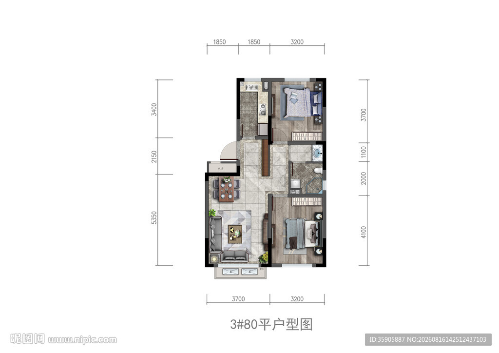 简约两居室户型平面图