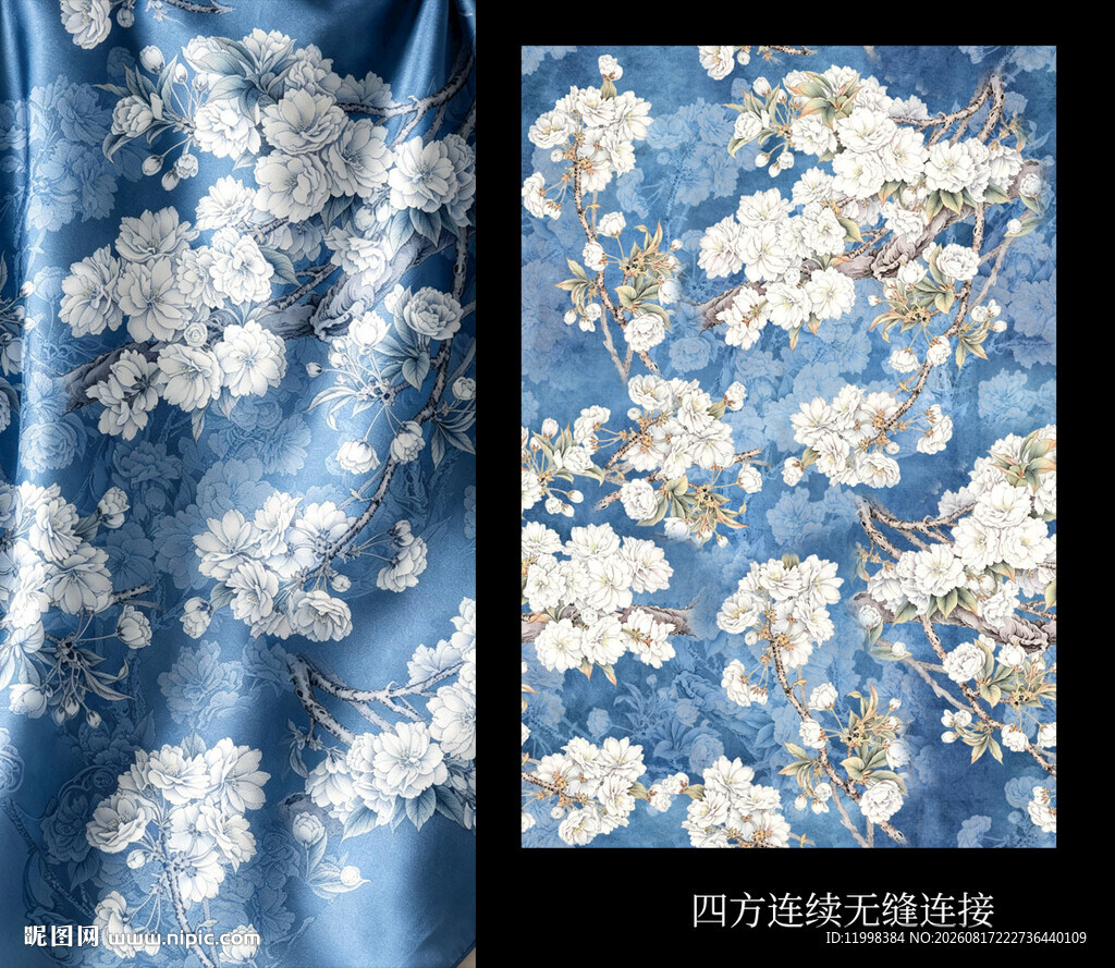 蓝色花卉图案精美布料