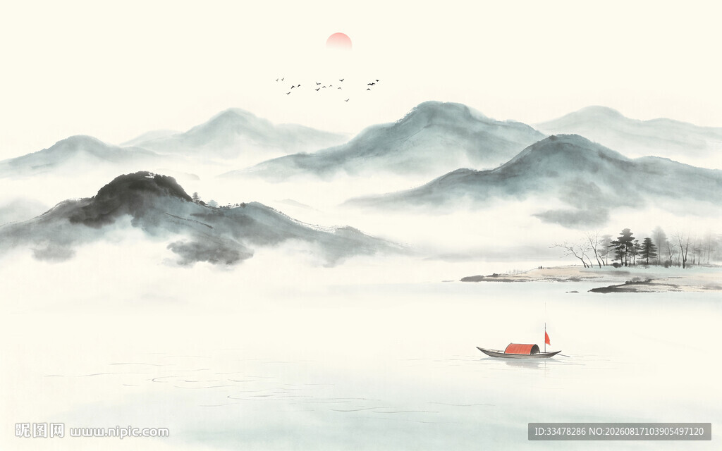 中式意境水墨山水画