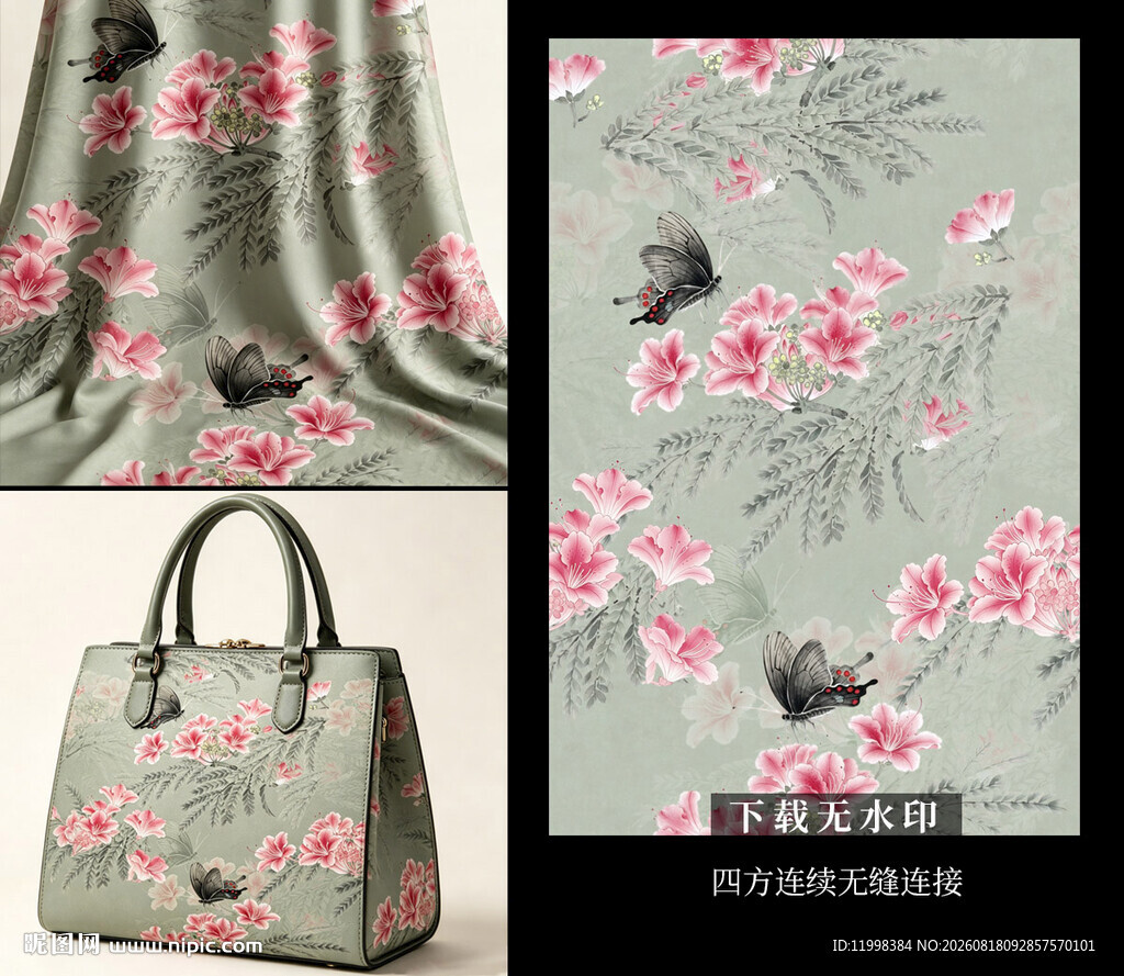 中式花卉图案手提包印花