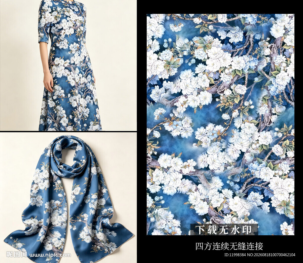 蓝白花卉图案时尚丝巾