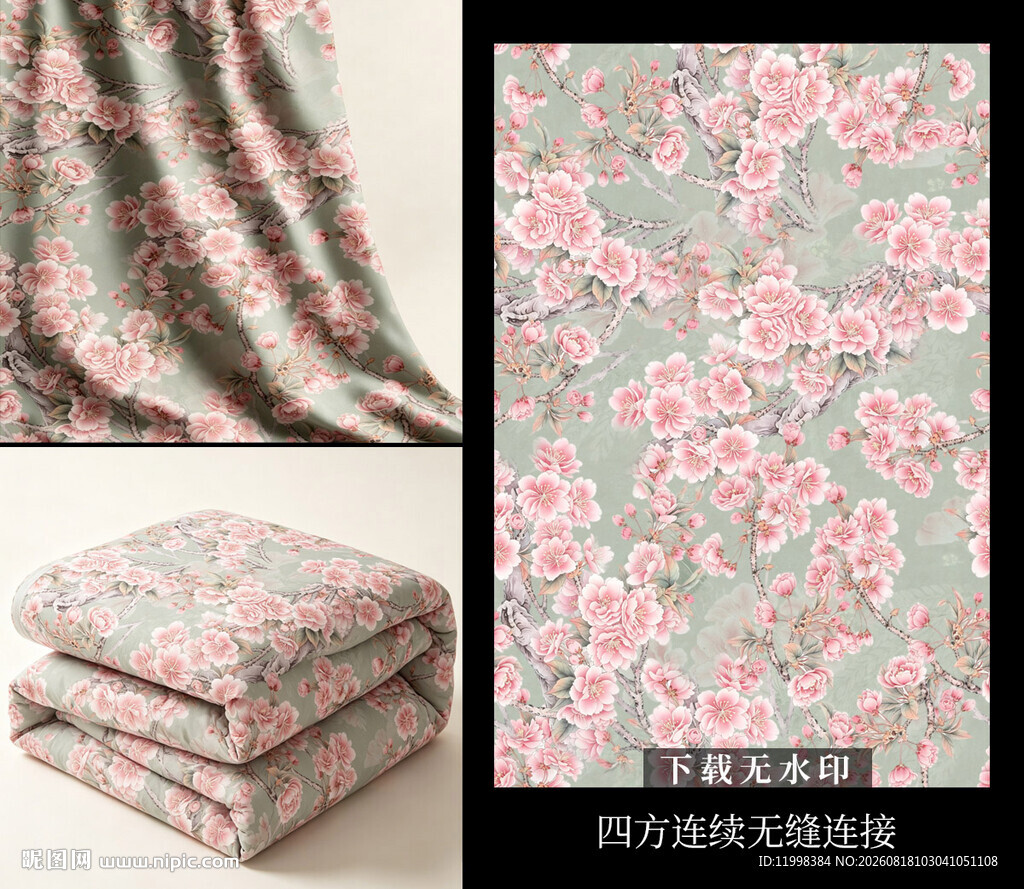 粉色花卉图案布料印花