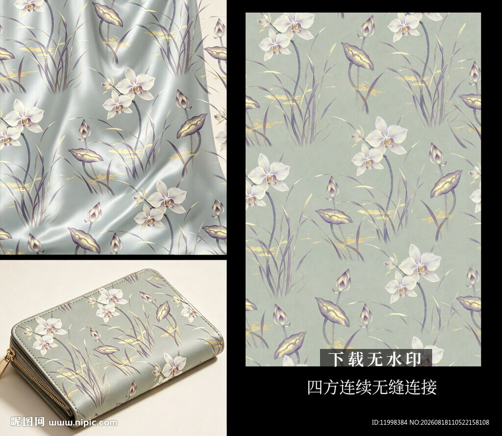 中式花卉图案真丝印花