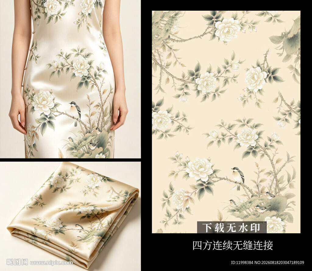 中式花卉图案真丝旗袍面料