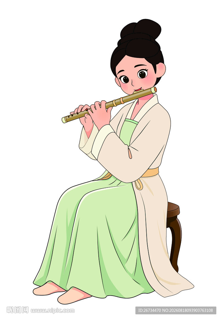 古装女子优雅吹奏长笛
