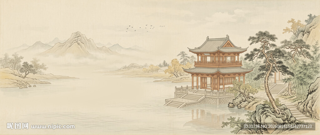 中式古画古风阁楼山水画电视背景