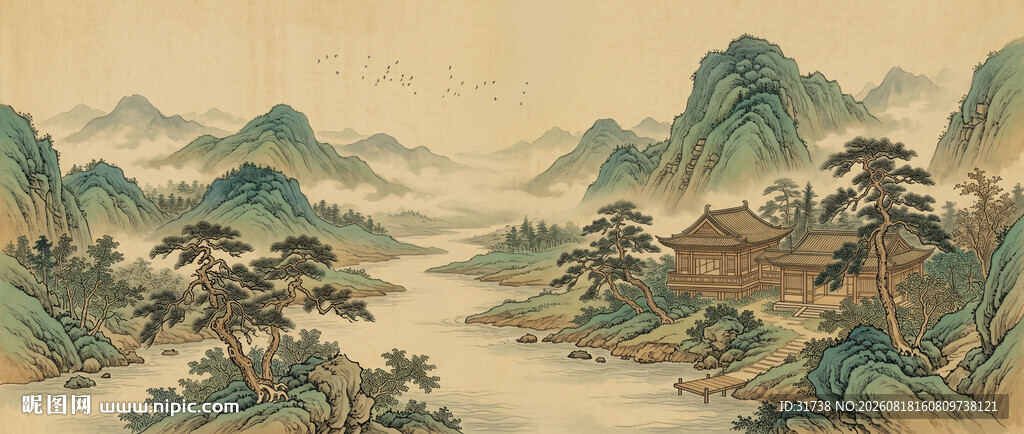 新中式古宋氏美学山水画电视壁画