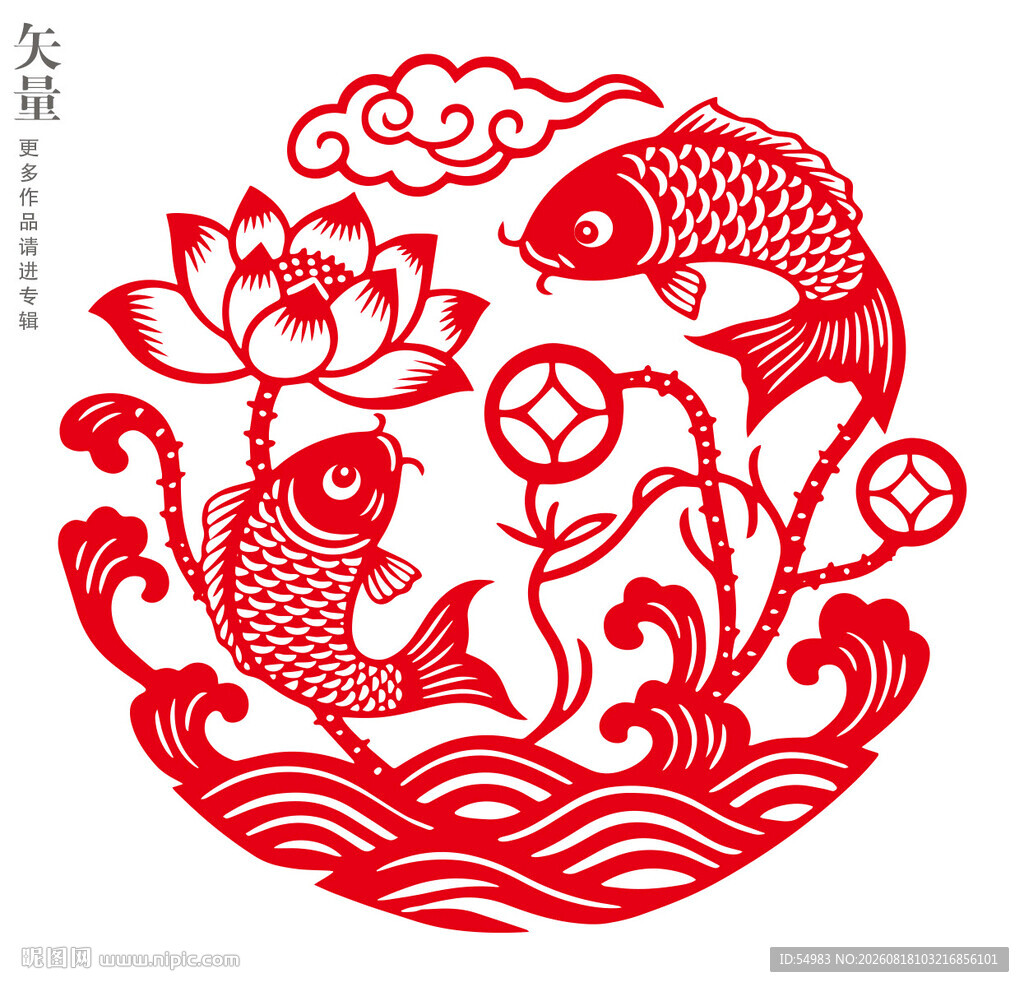 双鱼戏荷连年有余窗花装饰画
