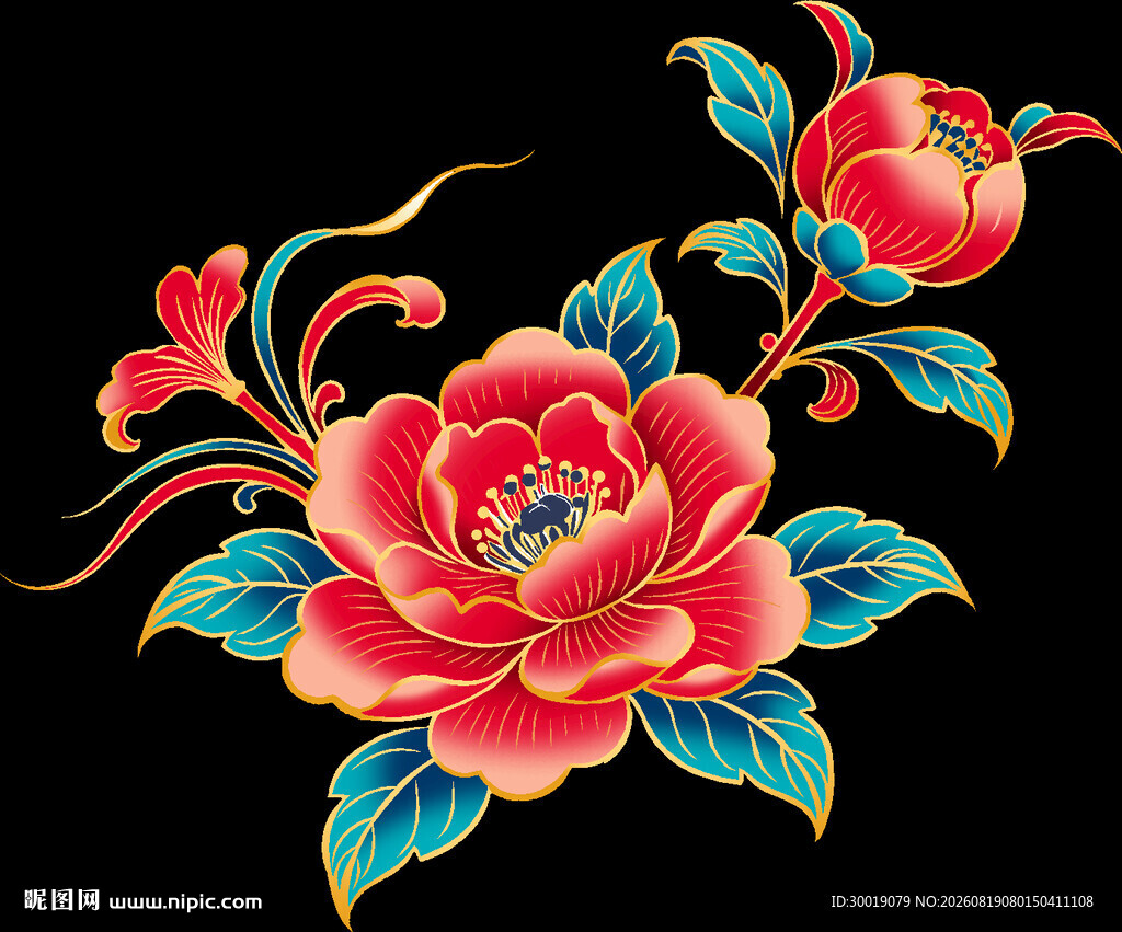 中式刺绣牡丹花卉图案