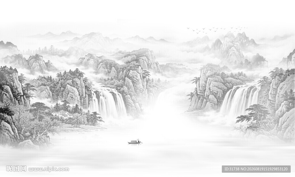 新中式意境水墨山水画背景墙