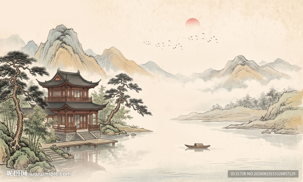 新中式屏风古风水墨山水画背景墙