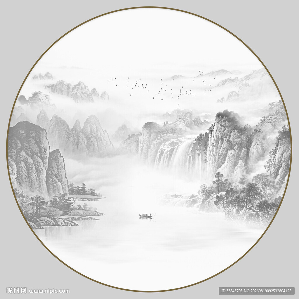 圆形水墨山水画