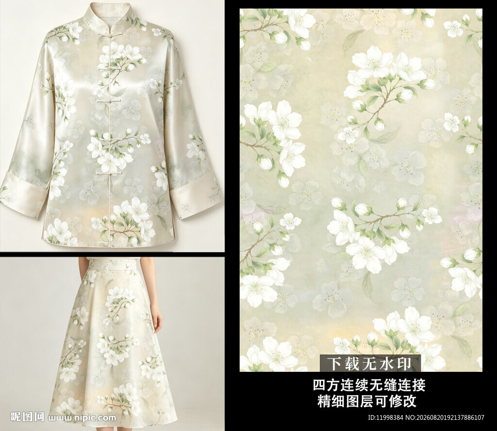 中式花卉图案旗袍套装