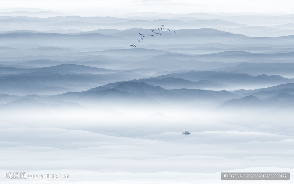 蓝色大气水墨山水画背景墙