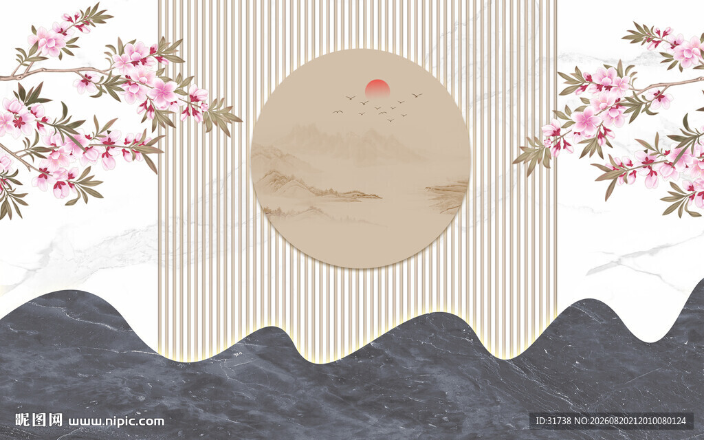 中式意境格栅山水花鸟装饰画