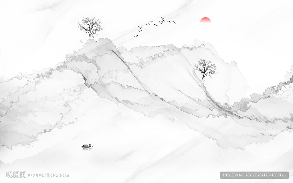 新中式抽象水墨线条烟雾山水画