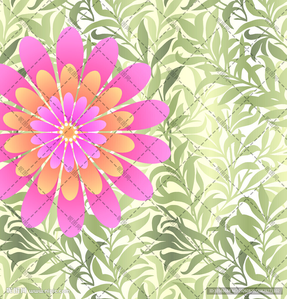 粉色花卉与绿叶图案设计