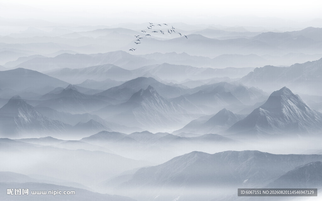 蓝色大气水墨山水画背景墙