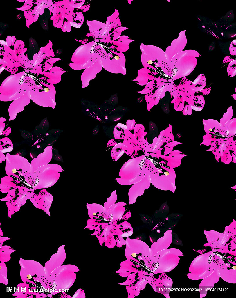 黑色背景上的粉色花卉图案