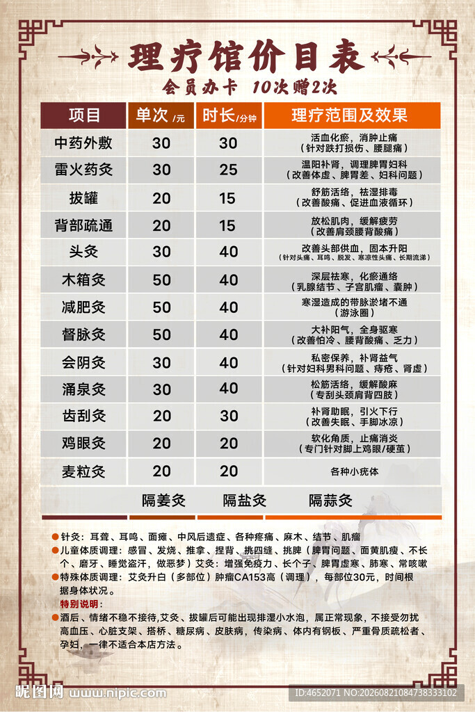 理疗价目表